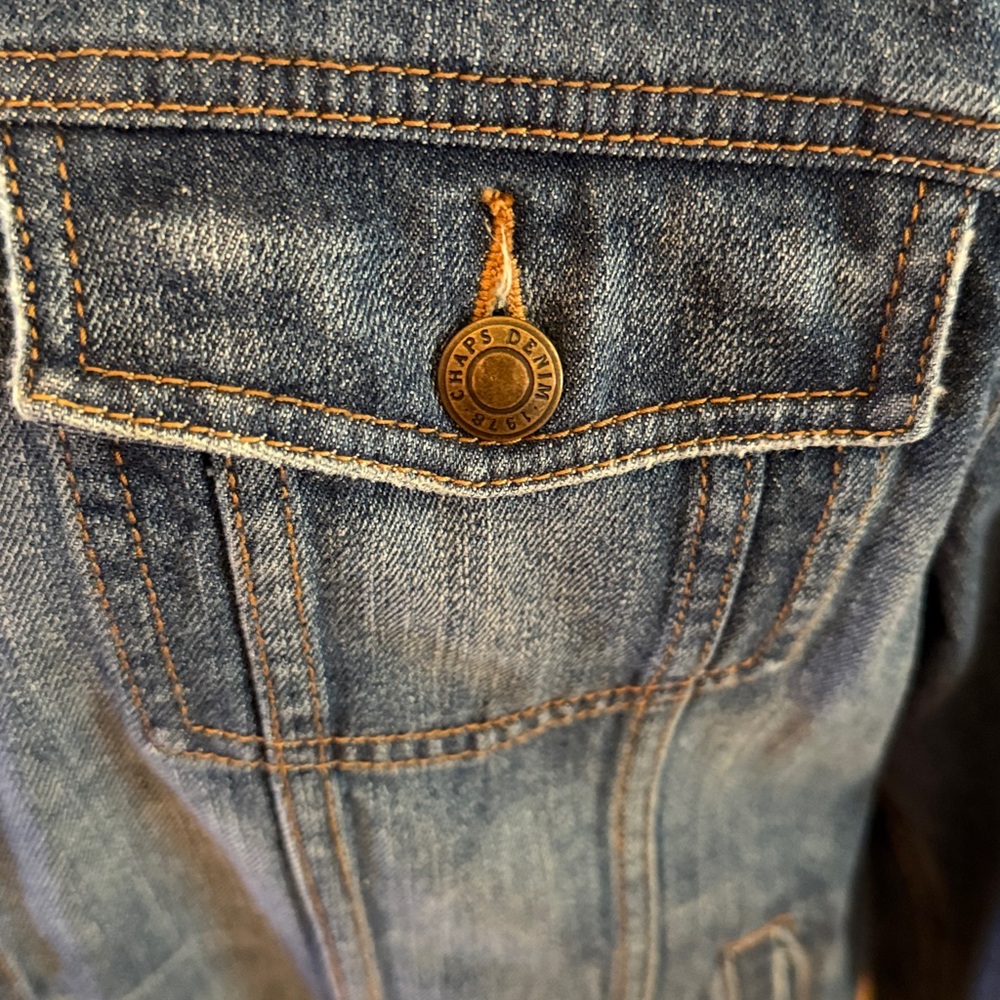 Vintage Chaps Blue Denim Jacket With Brown Patch - image 2